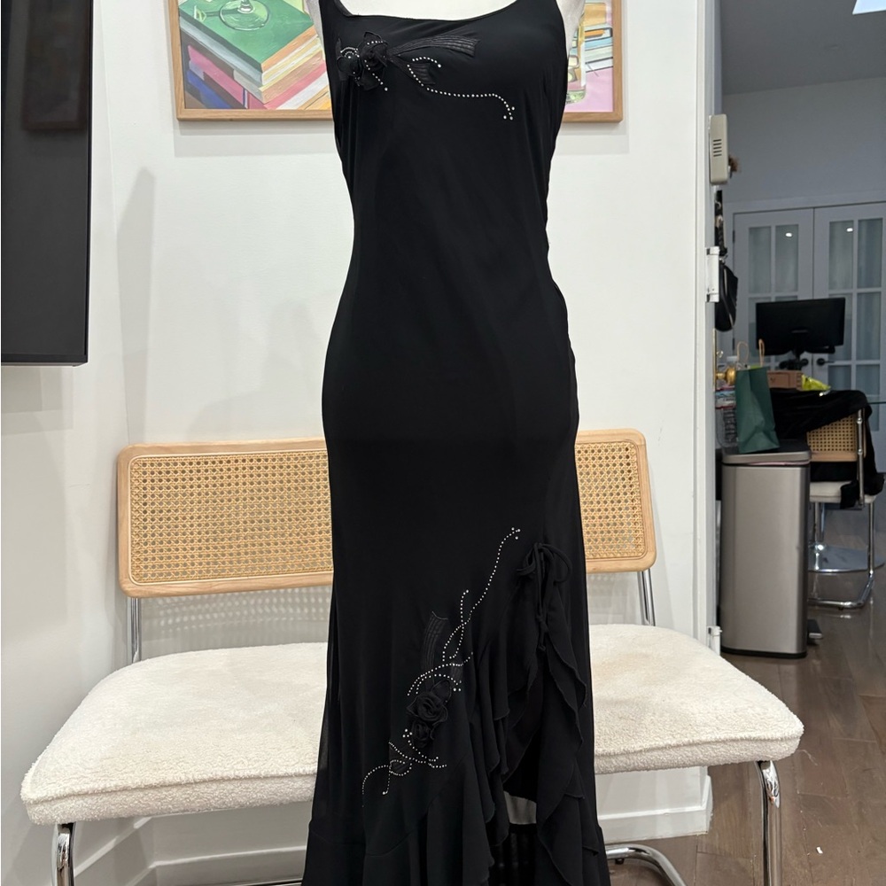 Vintage black beaded maxi dress with ruffle details!